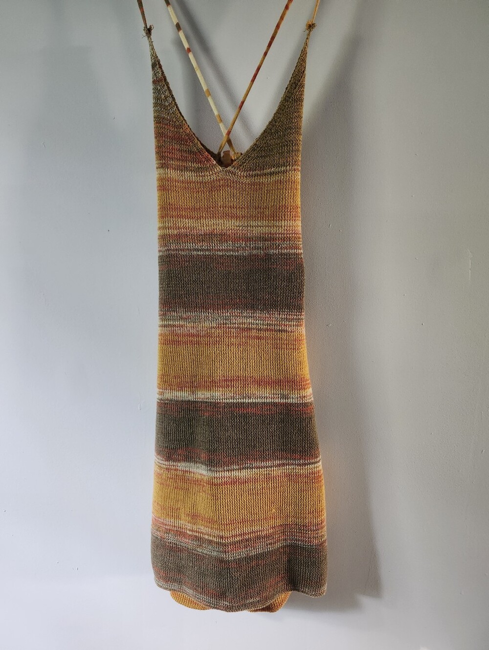 Earth Tone Striped Bodycon Mini Dress Criss Cross Back Fall Y2K Sleeveless, Fall